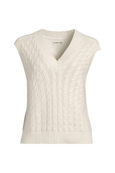 Lands' End Women's Plus Size Drifter Modern Cable V Neck Vest Sweater In White