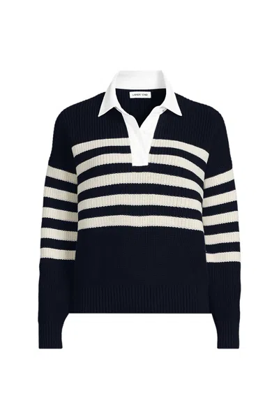 Lands' End Women's Plus Size Drifter Rugby With Woven Collar Sweater In Multi