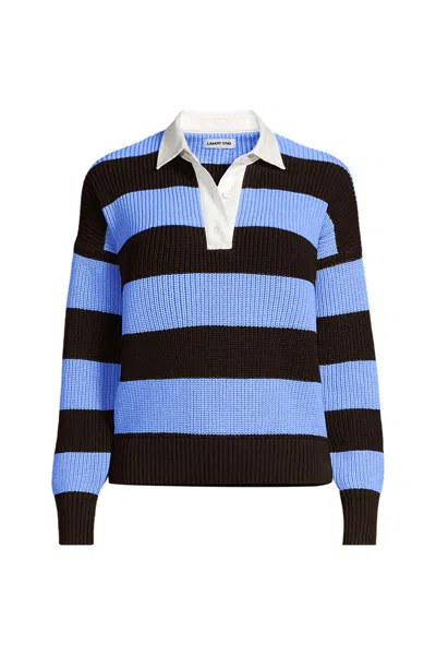 Lands' End Women's Plus Size Drifter Rugby With Woven Collar Sweater In Blue
