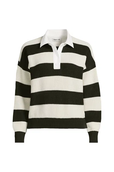 Lands' End Women's Plus Size Drifter Rugby With Woven Collar Sweater In Black