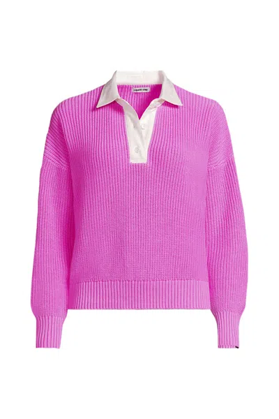 Lands' End Women's Plus Size Drifter Rugby With Woven Collar Sweater In Pink