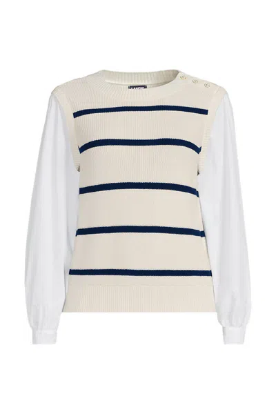 Lands' End Drifter Shaker Button Shoulder Sweater Vest With Poplin Sleeves In Neutral