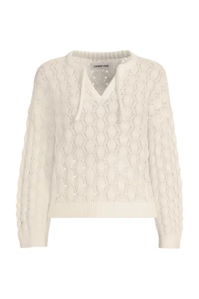 Lands' End Women's Plus Size Drifter Tie Notch Neck Sweater In Ivory