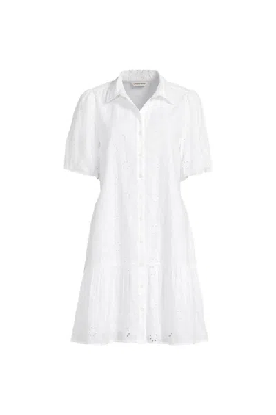 Lands' End Elbow Sleeve Eyelet Knee Length Shirt Dress In White