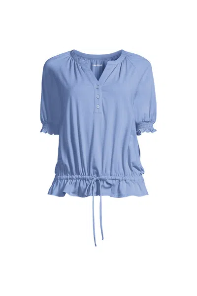 Lands' End Women's Plus Size Elbow Sleeve Lightweight Jersey Gathered Adjustable Hem Blouse In Blue