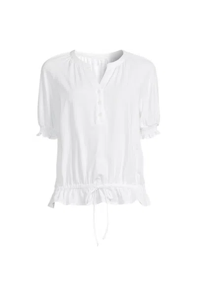 Lands' End Women's Plus Size Elbow Sleeve Lightweight Jersey Gathered Adjustable Hem Blouse In White
