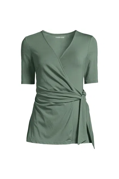 Lands' End Women's Plus Size Elbow Sleeve Lightweight Jersey Side Tie Blouse In Green