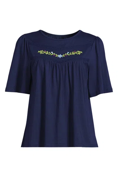 Lands' End Women's Plus Size Elbow Sleeve Slub Jersey Embroidered Yoke Pintuck Blouse In Blue