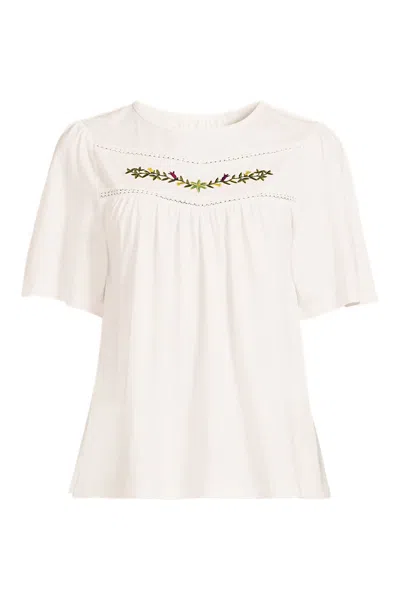 Lands' End Women's Plus Size Elbow Sleeve Slub Jersey Embroidered Yoke Pintuck Blouse In Neutral