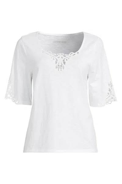 Lands' End Women's Plus Size Elbow Sleeve Slub Lace Trim T-shirt In White