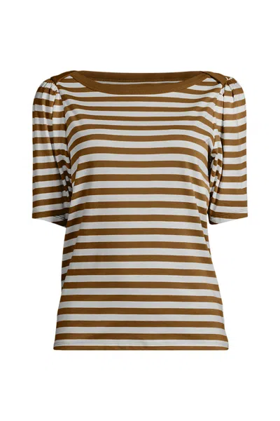 Lands' End Women's Plus Size Elbow Sleeve Supima Cotton Boatneck T-shirt In Brown