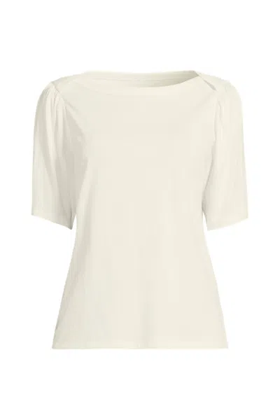 Lands' End Women's Plus Size Elbow Sleeve Supima Cotton Boatneck T-shirt In Ivory