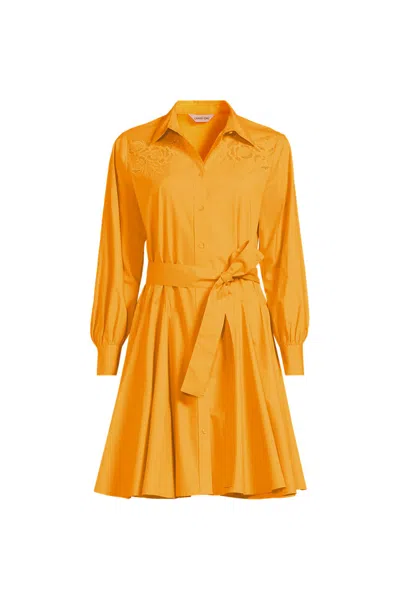 Lands' End Women's Plus Size Embroidered Poplin Button Front Dress With Godets In Orange