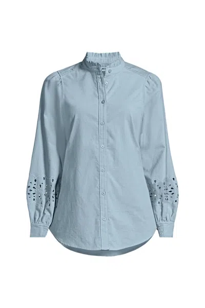 Lands' End Women's Plus Size Eyelet Sleeve Pinwale Corduroy Shirt In Blue