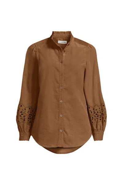 Lands' End Women's Plus Size Eyelet Sleeve Pinwale Corduroy Shirt In Brown