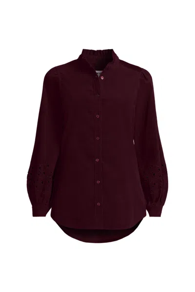 Lands' End Women's Plus Size Eyelet Sleeve Pinwale Corduroy Shirt In Red