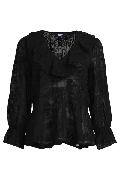 Lands' End Women's Plus Size Feminine Ruffle Chiffon V Neck Blouse In Black