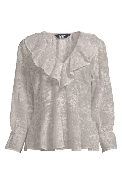 Lands' End Women's Plus Size Feminine Ruffle Chiffon V Neck Blouse In White