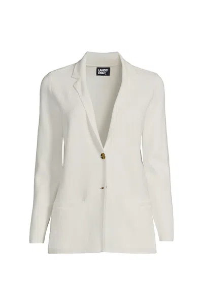Lands' End Women's Plus Size Fine Gauge Cotton Button Front Blazer Sweater In White
