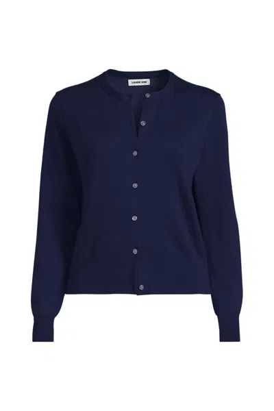 Lands' End Women's Plus Size Fine Gauge Cotton Crew Cardigan Sweater In Blue