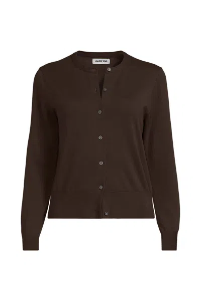 Lands' End Women's Plus Size Fine Gauge Cotton Crew Cardigan Sweater In Brown