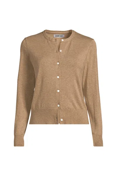 Lands' End Women's Plus Size Fine Gauge Cotton Crew Cardigan Sweater In Brown
