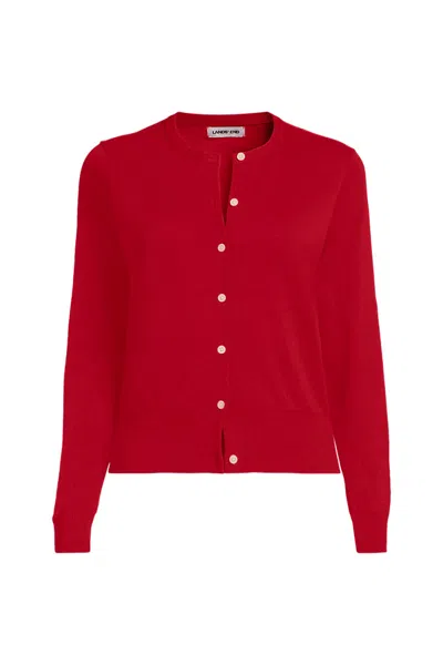 Lands' End Women's Plus Size Fine Gauge Cotton Crew Cardigan Sweater In Red