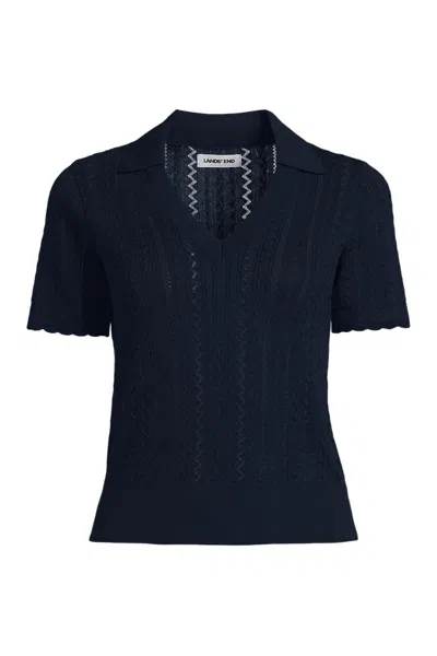 Lands' End Women's Plus Size Fine Gauge Cotton Pointelle Polo Sweater In Blue