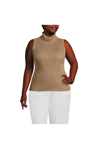 Lands' End Women's Plus Size Fine Gauge Cotton Turtleneck Tank Sweater In Brown