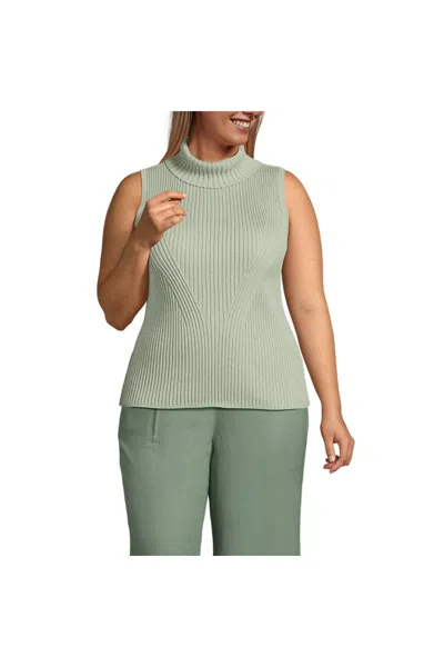 Lands' End Women's Plus Size Fine Gauge Cotton Turtleneck Tank Sweater In Green