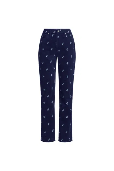 Lands' End Women's Plus Size Fine Wale Embroidery Corduroy High Rise Straight Leg Pants In Blue