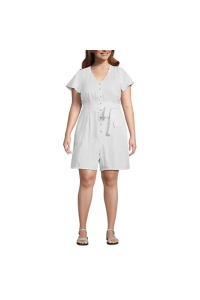 Lands' End Women's Plus Size Flutter Sleeve Linen Romper In White