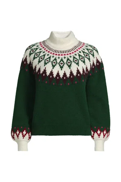 Lands' End Women's Plus Size Fuzzy Turtleneck Lantern Sleeve Jacquard Sweater In Green