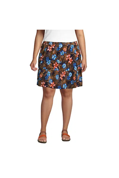 Lands' End Women's Plus Size High Rise Pull On Elastic Waist Tiered Crinkle Knit Skirt In Blue