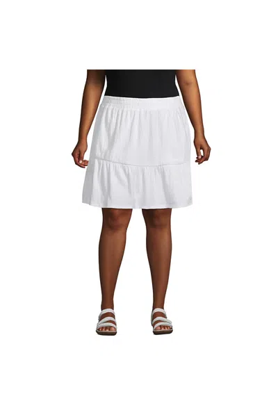 Lands' End Women's Plus Size High Rise Pull On Elastic Waist Tiered Crinkle Knit Skirt In White