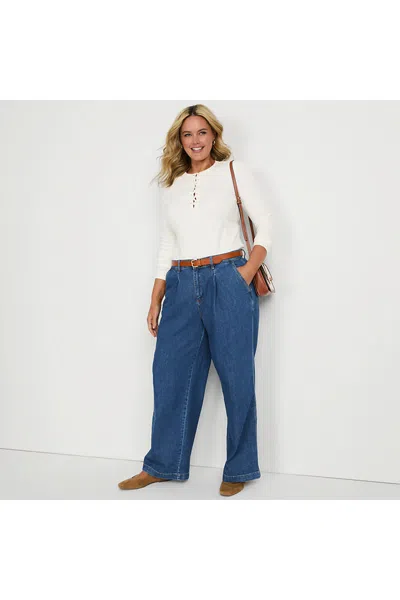 Lands' End Women's Plus Size High Rise Soft Denim Pleated Wide Leg Trousers In Blue
