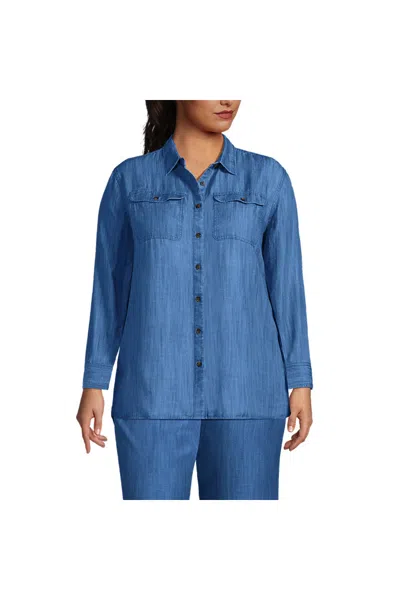 Lands' End Women's Plus Size Indigo Tencel Fiber Shirt In Blue