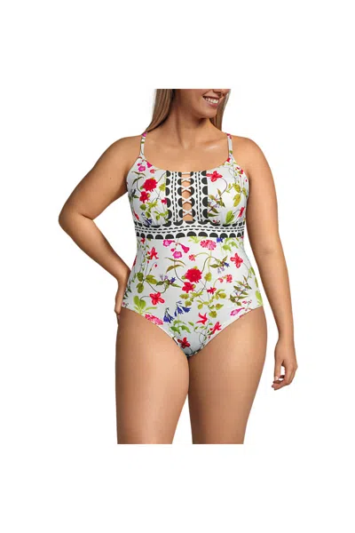 Lands' End Women's Plus Size Lace Up One Piece Swimsuit In White