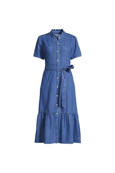 Lands' End Women's Plus Size Light Weight Denim Tiered Midi Dress In Blue