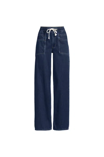 Lands' End Women's Plus Size Lightweight Denim High Rise Relaxed Straight Pull On Pocket Jeans In Blue