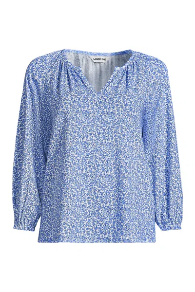 Lands' End Women's Plus Size Lightweight Jersey 3/4 Sleeve Notch Neck Gather Blouse In Blue