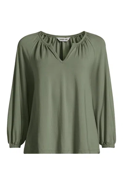 Lands' End Women's Plus Size Lightweight Jersey 3/4 Sleeve Notch Neck Gather Blouse In Green