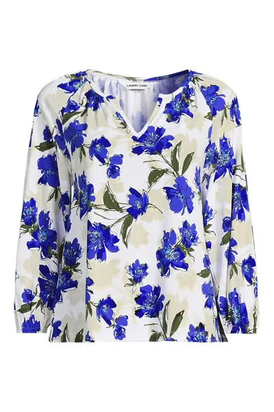 Lands' End Women's Plus Size Lightweight Jersey 3/4 Sleeve Notch Neck Gather Blouse In Multi