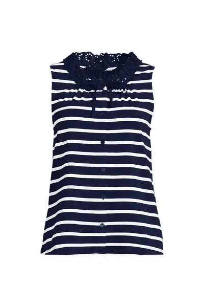 Lands' End Women's Plus Size Lightweight Jersey Button Front Lace Trim Tank In Blue