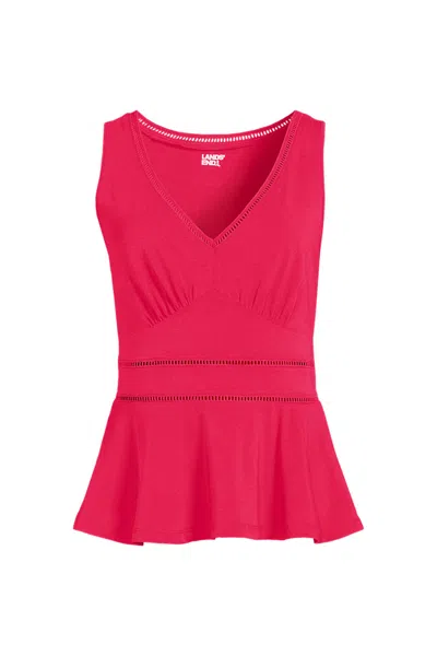 Lands' End Women's Plus Size Lightweight Jersey Peplum V-neck Tank Top In Pink