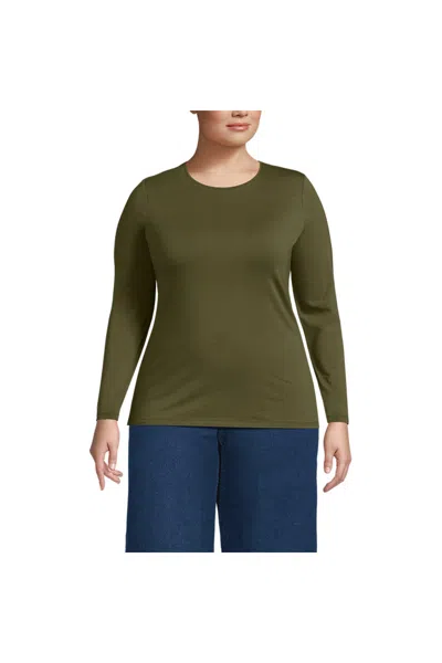 Lands' End Women's Plus Size Lightweight Jersey Skimming Long Sleeve Crew Neck T-shirt In Green
