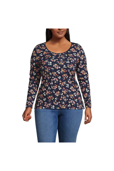 Lands' End Women's Plus Size Lightweight Jersey Skimming Long Sleeve Scoop Neck T-shirt In Blue