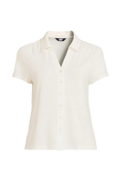 Lands' End Women's Plus Size Linen Blend Short Sleeve Button Front Polo Top In White