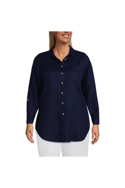 Lands' End Women's Plus Size Linen Roll Sleeve Oversized Relaxed Tunic Top In Blue
