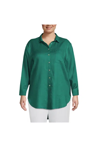 Lands' End Women's Plus Size Linen Roll Sleeve Oversized Relaxed Tunic Top In Green